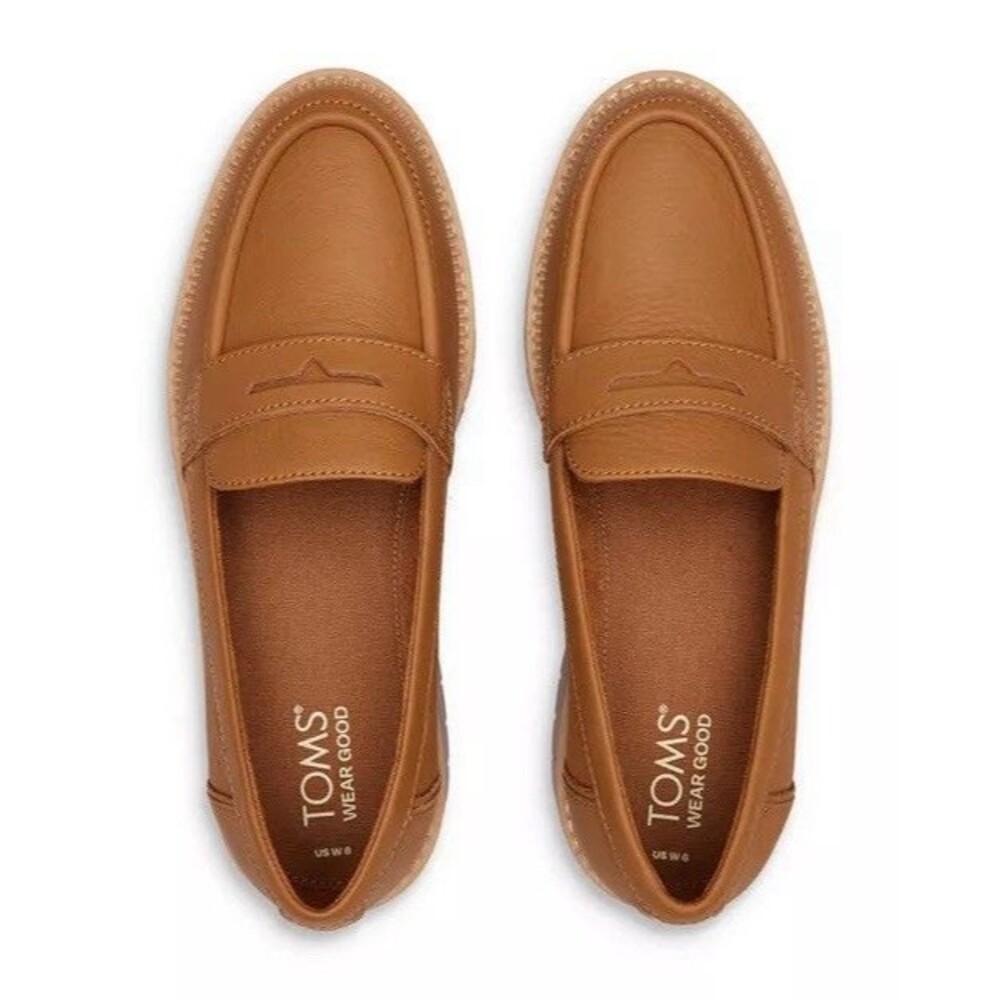 TOMS Cara Slip On Lug Platform Penny Loafers Flats Leather Camel Brown Size 9.5 - Picture 5 of 14